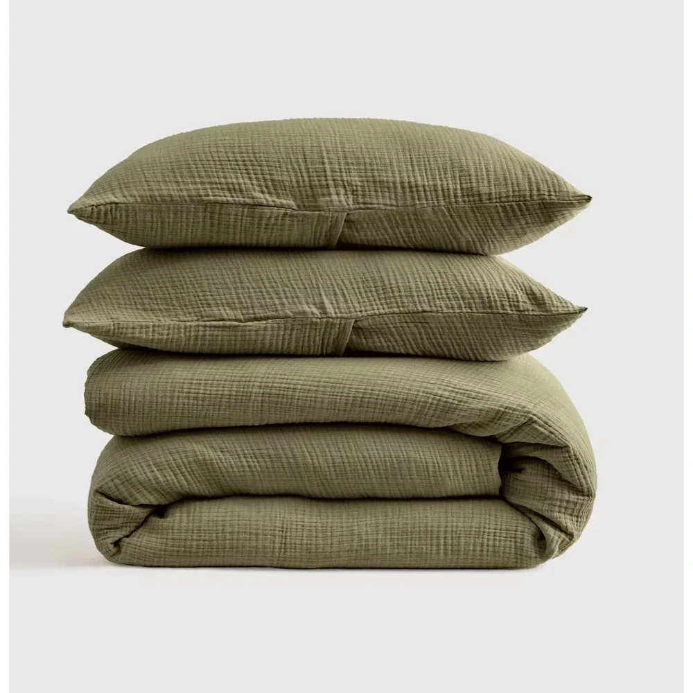Quince Organic Airy Gauze Duvet Cover Set Full/Queen Size Olive Green Cotton